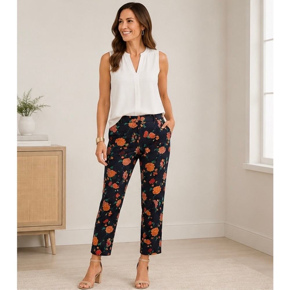 Chico’s Womens Size 8 NWT Floral Ankle Pants Navy Orange Cropped Stretch